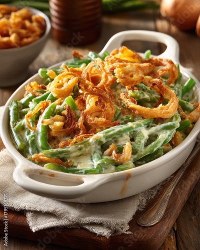 Creamy green bean casserole topped with crispy fried onions