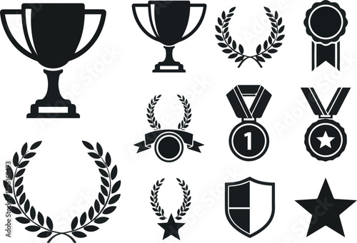 Create different Set of winning award and prize icons, trophy reward, victory trophy signs depicting an award, victory cup achievement, winner medal - stock vector silhouette on white background.