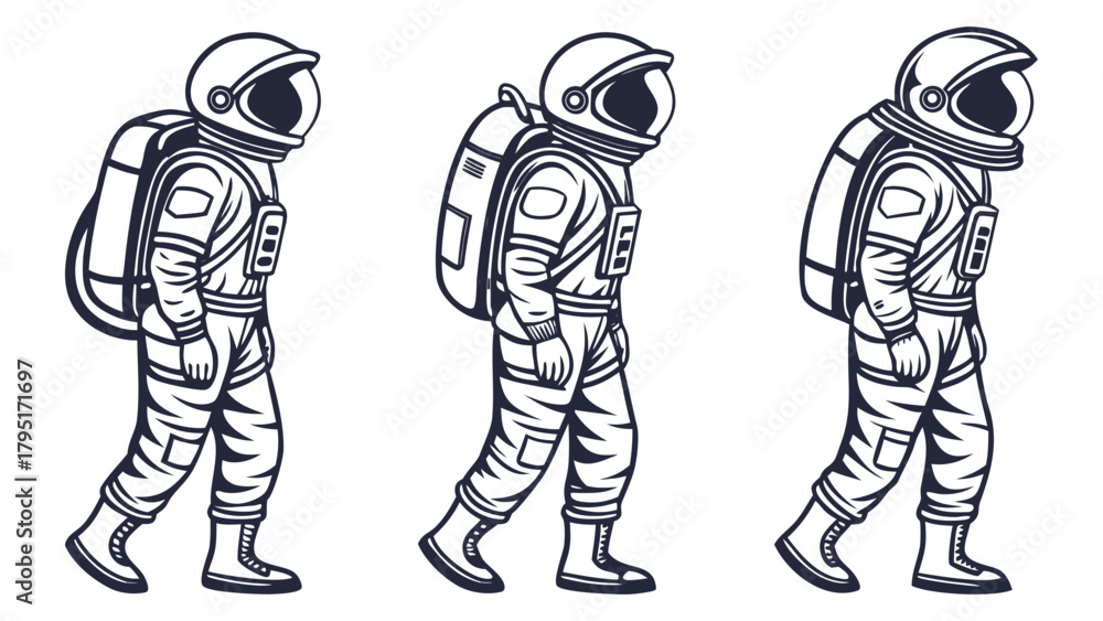 Fototapeta premium A group of three astronauts in spacesuits walking in a line. Monochrome vector illustration of space explorers on a mission