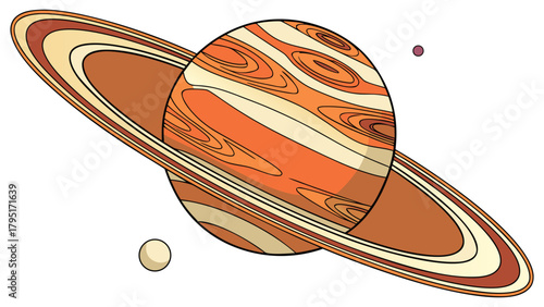 Saturn with its rings and moons, a celestial illustration of the gas giant planet in our solar system