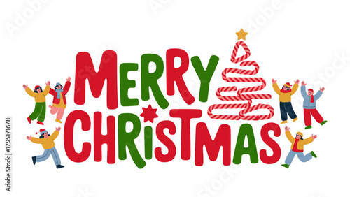 Festive Christmas Cheer: A jubilant holiday greeting adorned with a whimsical Christmas tree, surrounded by merry figures, spreading joy and the spirit of the season.