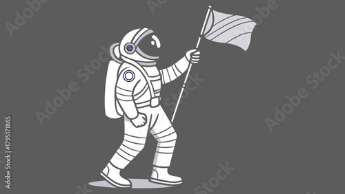 Hand-drawn concept illustration of an astronaut figure walking on a lunar surface and holding a flag. Simple line art for space exploration themes
