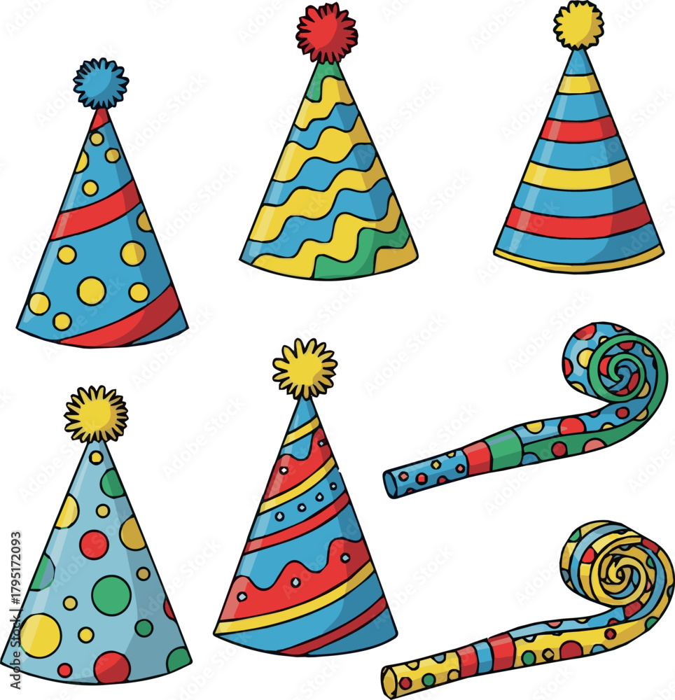 Φωτογραφία Create kinds of Hand drawn birthday party hats and doodle party blowers horns set vector illustration isolated on transparent background