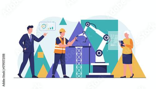 Professionals plan automation with an industrial robot Future of engineering and industry