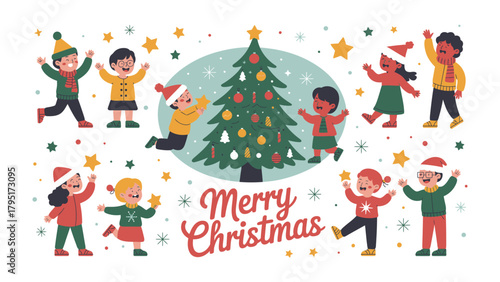 Festive Holiday cheer: Children rejoice around a beautifully adorned Christmas tree, celebrating the holiday season with joy, cheer, and merriment.