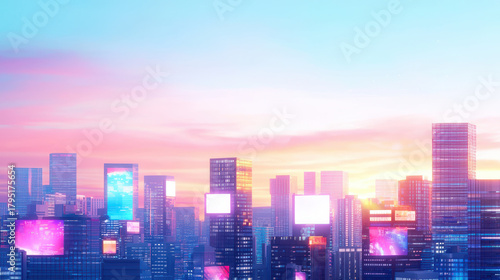 Wallpaper Mural Vibrant city skyline sunset, showcasing modern skyscrapers with colorful digital screens illuminating scene. atmosphere is energetic Torontodigital.ca
