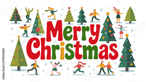 Festive cheer greeting: A vibrant holiday design spells out Merry Christmas, framed by charming illustrations of running figures and twinkling festive trees.
