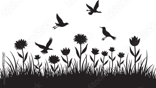 Decorative Floral Tree Silhouette with Leaves and Flowers on Grass Hill Illustration