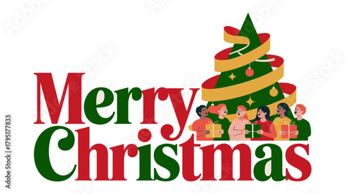 Festive Gathering: A vibrant scene captures the spirit of the season, showcasing a diverse group of people, each carrying gifts with a beautifully decorated Christmas tree adding warmth.