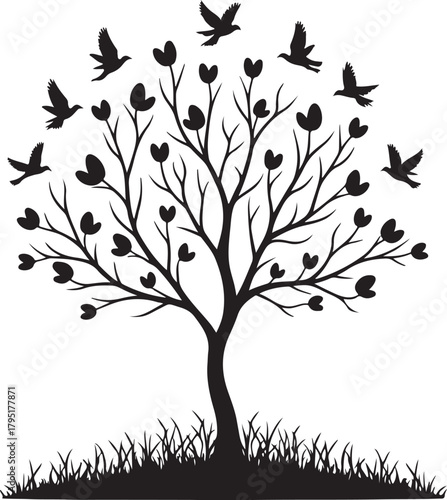 Flock of Birds Flying in Diagonal Formation Above Lone Tree and Grass Silhouette