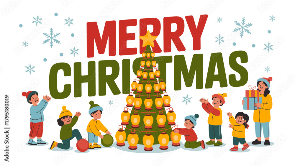 Fototapeta premium Christmas Cheer: A vibrant illustration captures the magic of the holiday season, with children joyfully decorating a festive tree. The scene exudes warmth and delight.