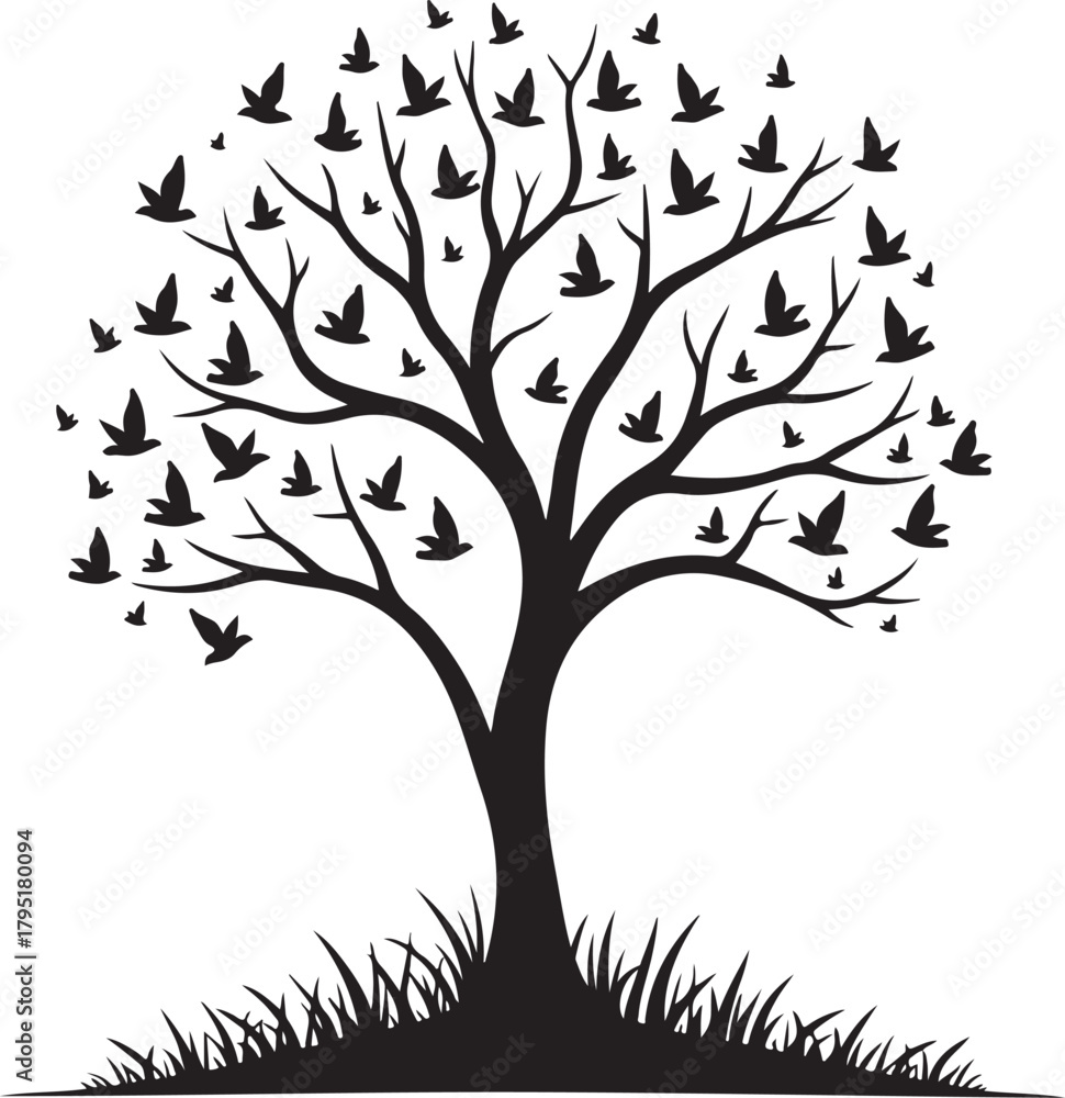 Obraz premium Tree Silhouette with Flock of Flying Birds Above Grass in Minimal Nature Landscape