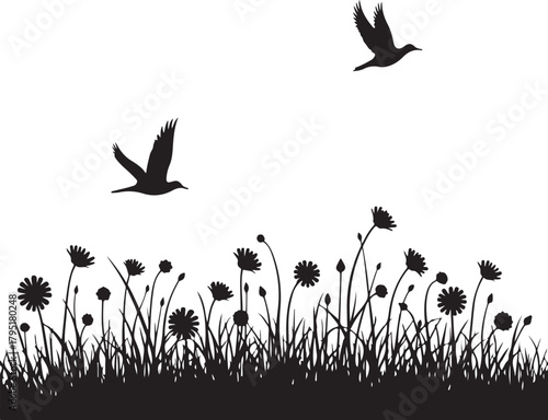 Tree Silhouette with Flock of Flying Birds Above Grass in Minimal Nature Landscape