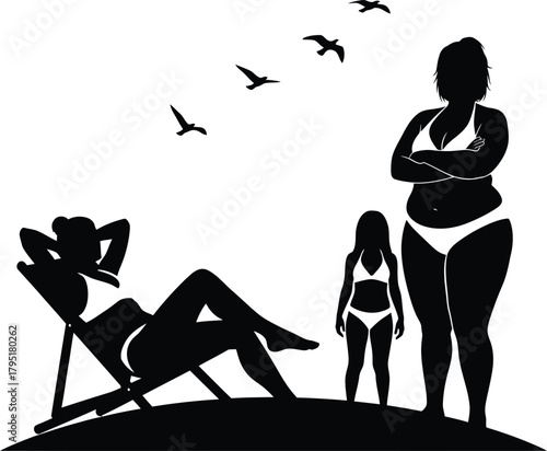 Body positivity beach scene with diverse women silhouettes illustration eps