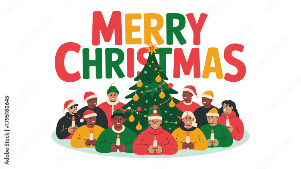 Naklejka premium Christmas Greetings and Festive Gathering: A vibrant holiday illustration features a merry Merry Christmas message, surrounded by diverse individuals gathering together.