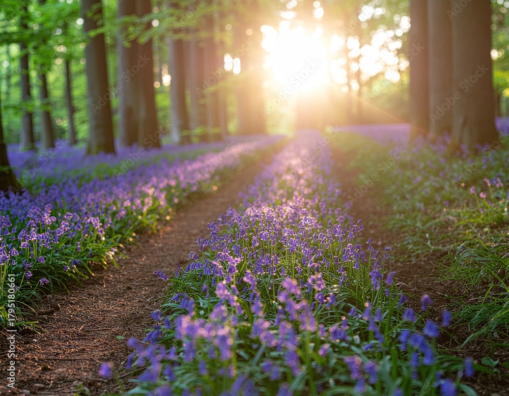 Obraz premium Path Through A Bluebell Forest Illuminated By Golden Sunlight In Early Morning With Tall Trees And Soft Shadows
