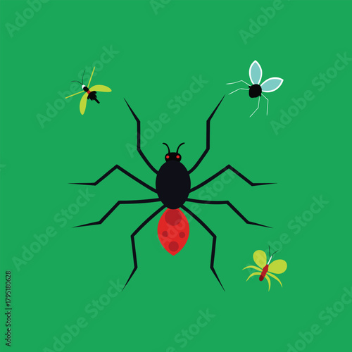 Vector illustration depicting a spider surrounded by various flying insects on a green background, showcasing a natural interaction between arachnids and arthropods in a stylized graphic