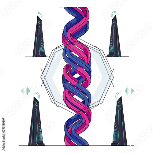 Abstract futuristic illustration depicting intertwined DNA strands within a hexagonal frame, symbolizing biotechnology and genetic research.