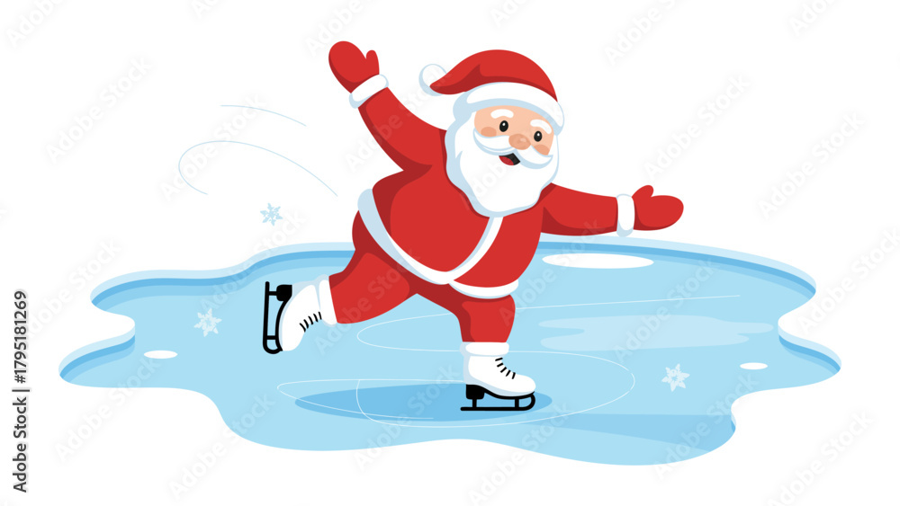 Obraz premium Joyful Santa on Ice: A jolly Santa Claus, in his classic red suit and hat, glides joyfully across the glistening ice, embodying the spirit of winter fun and holiday cheer.