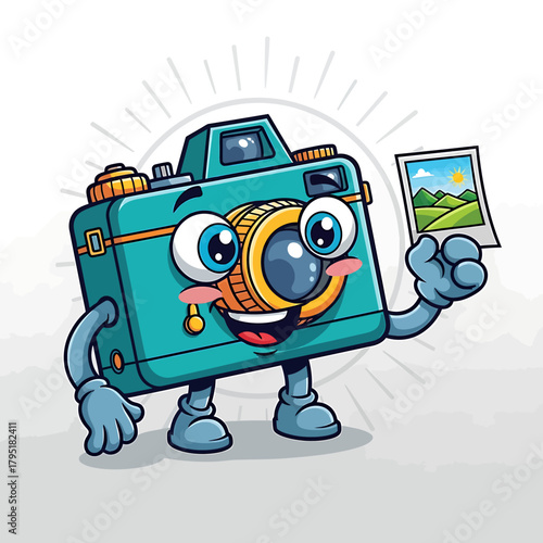 A cheerful cartoon camera mascot with a big smile holding a landscape photo illustration.