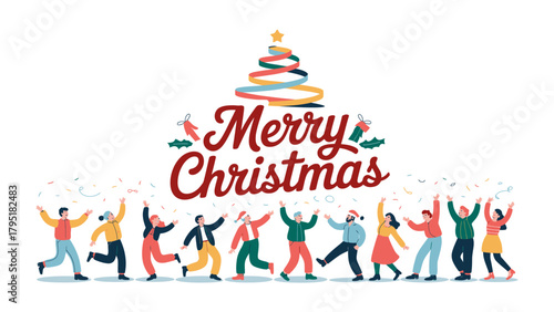 Christmas Cheer: A lively illustration captures the festive spirit with dancing figures and a cheerful message, evoking the joy of the holiday season.