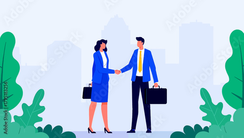 Two business professionals shaking hands in agreement with a city skyline background and green foliage