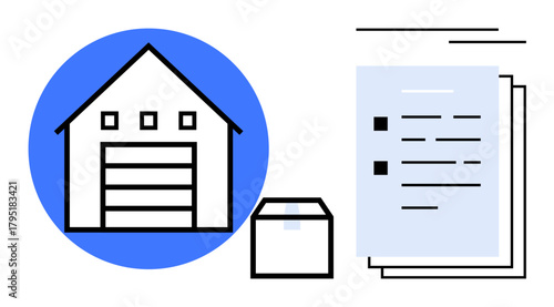 Warehouse building, shipping box, and checklist for operational control. Ideal for logistics, inventory, shipping, distribution, efficiency process management reliability. Simple flat metaphor