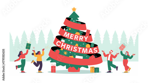 Holiday Merriment: Cheerful figures gather around a vibrant Christmas tree, adorned with festive decorations and a banner of holiday cheer, embodying the spirit of the season.