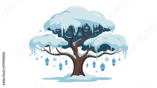 Winter's Embrace: An Illustration of a tree embraced by a layer of pristine snow, showcasing delicate icicles and intricate winter ornaments.
