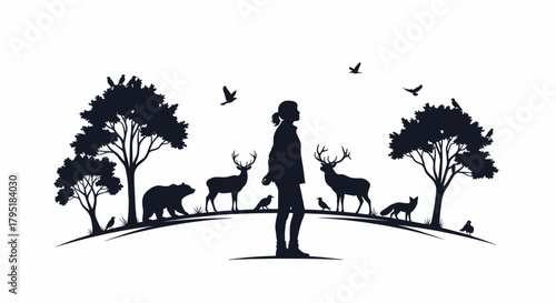 Young woman stands amidst a serene forest silhouette, surrounded by majestic wildlife including deer, a bear, and a fox under a sky with flying birds.