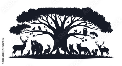 Majestic silhouette tree shelters diverse forest animals creating a harmonious natural woodland scene