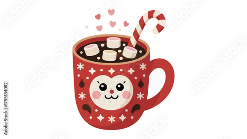Festive Hot Chocolate Delight: A charming, holiday-themed mug overflows with rich, warm hot chocolate, adorned with fluffy marshmallows and a sweet candy cane. A delightful embrace of the season.
