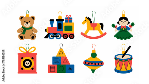 Festive Ornament Collection: A delightful assortment of festive ornaments, including a teddy bear, train, rocking horse, doll, music box, geometric blocks, bauble, and drum.