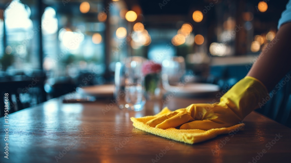 Fototapeta premium Clean Dining Table Preparation in Restaurant with Vibrant Ambiance and Attention to Detail for Guests