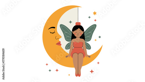 Dreamy Celestial Scene: A serene fairy, with delicate wings and a warm smile, serenely perches upon a crescent moon, against a canvas of stars and celestial wonder.