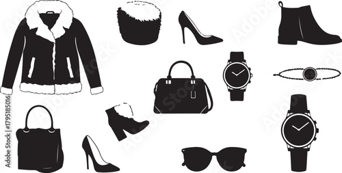 Collection of women's fashion accessories and clothing items, including handbags, shoes, outerwear, eyewear, and timepieces