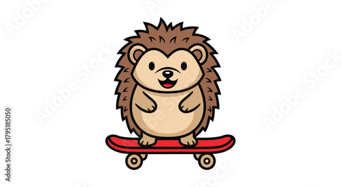 A cute cartoon hedgehog with brown spikes is happily riding a red skateboard.