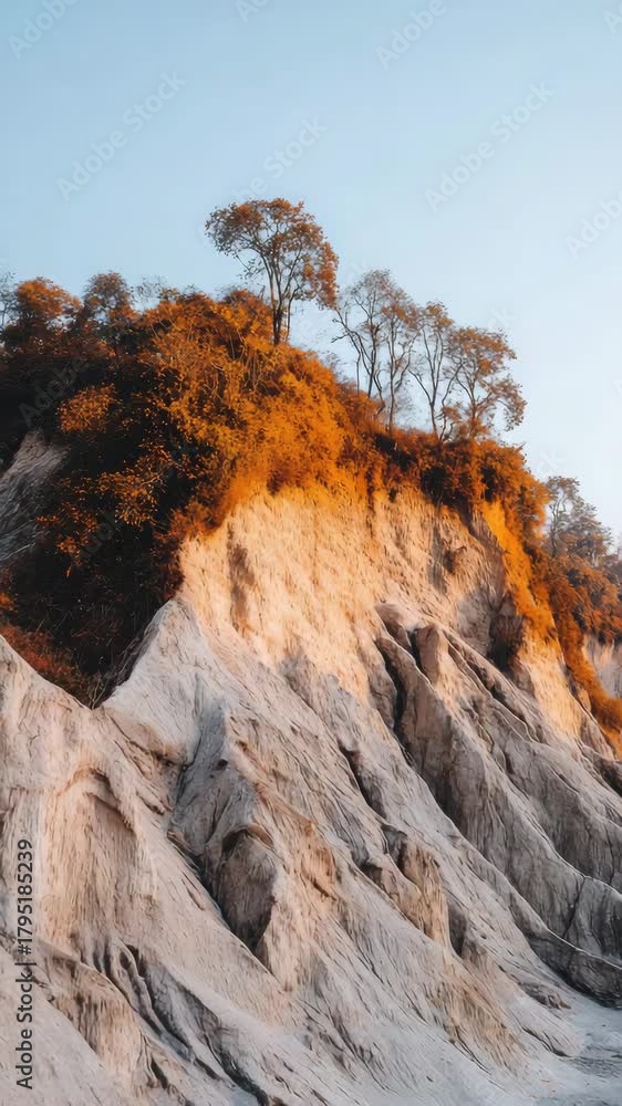 Golden sunlight cliff rock with trees and nature view,vertical video