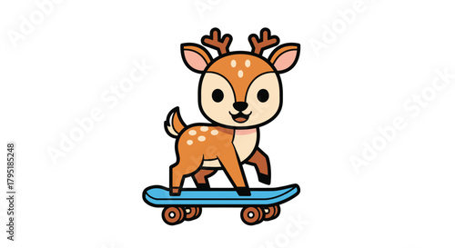 A cute cartoon baby deer with antlers standing on a blue skateboard.