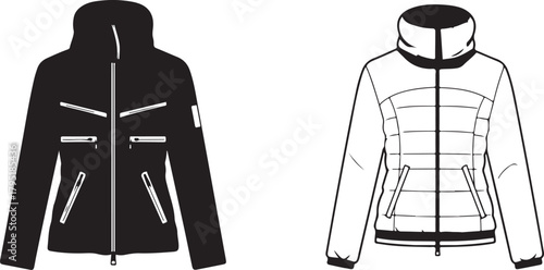 Two Puffy Winter Jackets Illustrated in Black and White, Ready for Cold Weather Adventures