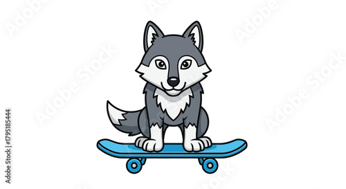 A cartoon wolf with gray and white fur sitting on a blue skateboard, smiling.