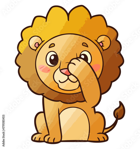 Playful cartoon lion cub peeking through its paw with a shy expression