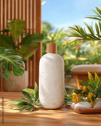 Spa Serenity: A natural stone bottle with a wooden cap stands in a spa-like setting. Surrounded by vibrant greenery, the scene evokes a sense of tranquility and relaxation.