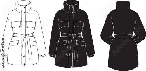 Women's belted puffer jacket with high collar and pockets. Vector fashion flat sketch illustration, line art, and silhouette set for apparel design