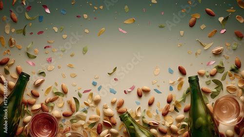 Celebration of Nuts and Wine: A vibrant overhead shot of a festive arrangement featuring a collection of nuts, colorful confetti, elegant wine bottles and glasses.