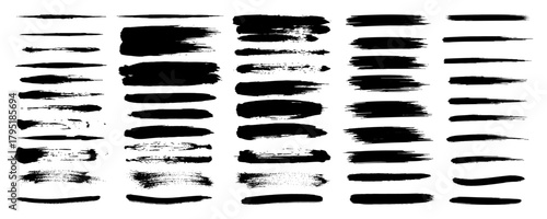Massive collection of black grunge brush strokes, ink lines, abstract dividers, artistic texture elements, isolated vector design set.