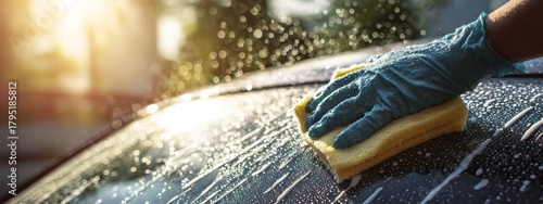 Bright Daylight Scene of a Worker Washing Car Windshield with Foam and Sponge, Showcasing Care and Attention to Detail