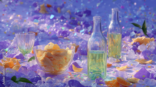 Refreshment Oasis: Still life of a refreshing outdoor scene featuring chilled drink bottle and glass, fresh citrus wedges, and vibrant ice cubes.