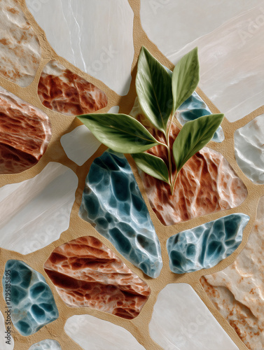 Harmony of Stone and Life: An intimate portrayal of nature's resilience, a delicate sprout bursts forth from a mosaic of textured stones, creating a compelling visual metaphor for growth, strength.