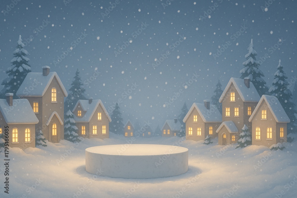 Fototapeta premium Festive Winter Christmas Podium Mockup in Snowy Village Scene with Cozy Homes